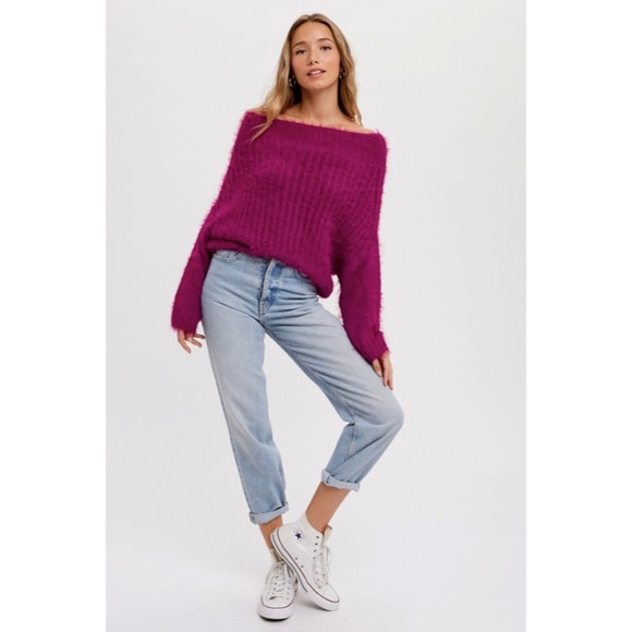 SOLD OUT Orchid Fuzzy Dolman Off Shoulder Pullover Knit Winter Casual Sweater - Picture 3 of 5
